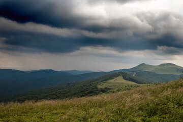 Fototapeta premium Landscape of the beautiful Polish mountains of the Bieszczady Mountains, part of the Carpathians. Dreamlike mountains, a symbol of freedom and independence. A place for many artists.Mountain landscape