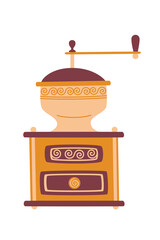 Antique coffee grinder isolated on white background. Flat vector cartoon illustration, clipart.
