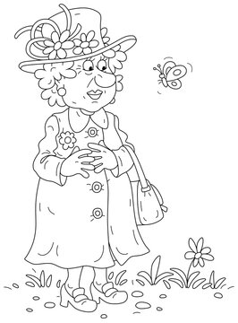 Queen in a fashionable suit holding her handbag and watching a funny fluttering butterfly on a walk in a park, black and white outline vector cartoon illustration for a coloring book page