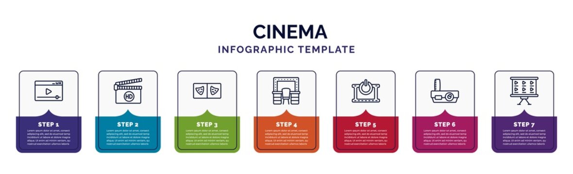 infographic template with icons and 7 options or steps. infographic for cinema concept. included online movie, hd, prompt box, dressing room, turn on, slide projector, storyboard icons.