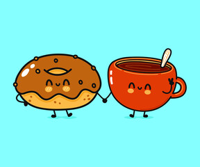 Cute, funny happy cup of coffee and donut character. Vector hand drawn cartoon kawaii characters, illustration icon. Funny cartoon cup of coffee and chocolate donut friends concept