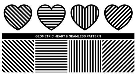 Set of contour heart with line texture and abstract black linear geometric seamless pattern. Love icon vector design element and striped seamless texture swatch for decorative textile print design