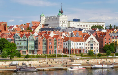 Szczecin waterfront panorama on a sunny day, Poland. - obrazy, fototapety, plakaty