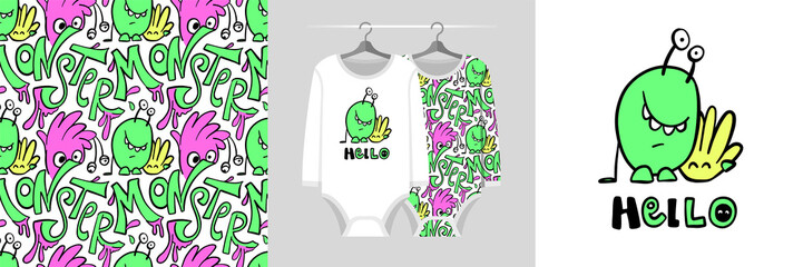 Seamless pattern and illustration set with cute monsters and text Hello. Baby design pajamas, background for apparel, room decor, tee print, party invitation, baby shower, fabric design, wrapping