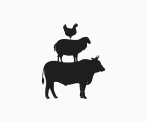 Cow, Lamb, and Chicken stand on each other.	Farm animals icon. Stacked cow, lamb, and chicken vector template