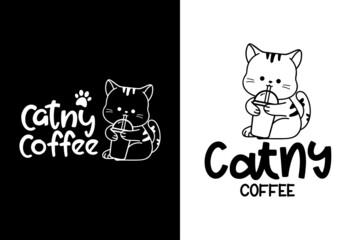 cat and coffee logo, kitten holding coffee cup drink with Mascot cartoon vector icon illustration