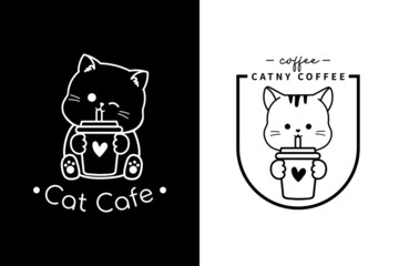 cat and coffee logo, kitten holding coffee cup drink with Mascot cartoon vector icon illustration