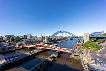 Obraz premium Newcastle upon Tyne England - 30th May 2021: Wide angle view of the Quayside and River Tyne from High Level Bridge