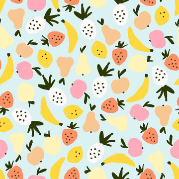 Seamless cute pattern with color hand drawn fruits