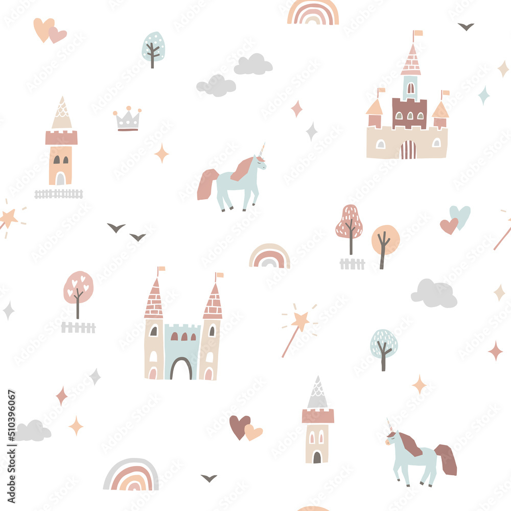Aufkleber cute fairytale pattern with castles and unicorns
