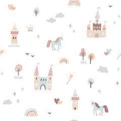 Cute fairytale pattern with castles and unicorns