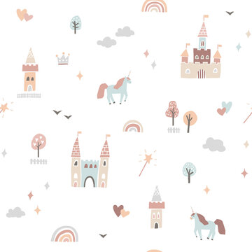 Cute fairytale pattern with castles and unicorns