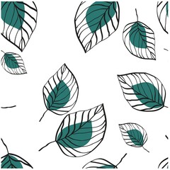 Green leaves in abstract style on green background. Seamless pattern. Decorative textile seamless pattern.