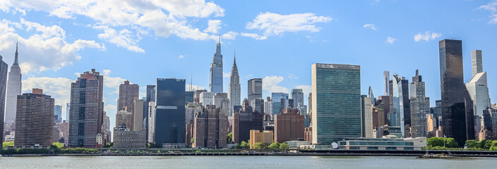 The midtown Manhattan skyline panorama in Tudor City including the United Nations Headquarters and several other skyscrapers