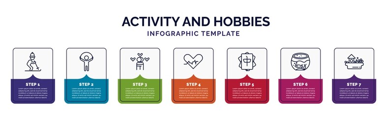 infographic template with icons and 7 options or steps. infographic for activity and hobbies concept. included skiing, jump rope, couple huging, heart rate, mahjong, aquarium, ball pit icons.