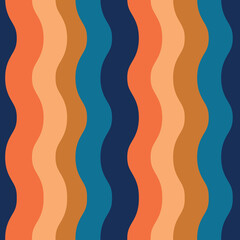 Retro funky  waves seamless pattern  in orange, ochre, bright blue and navy blue. For retro posters, backgrounds, textile and home décor 