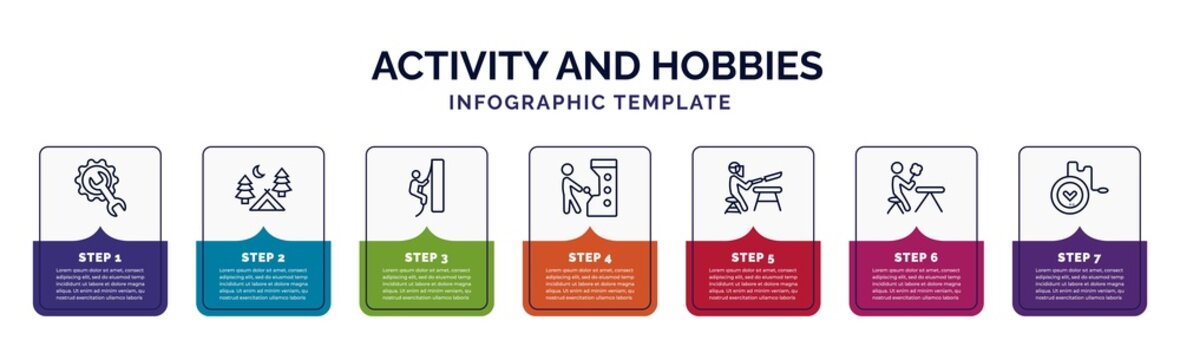 infographic template with icons and 7 options or steps. infographic for activity and hobbies concept. included repairing, camp, rappelling, pachinko, knife making, lace making, yoyo icons.