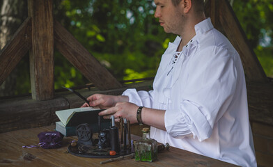 Man doing rite. Concept of esoteric, incantation, future predict and paganism, power of paganism