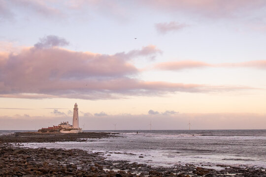 Whitley Bay England - .01.01.2019: Whitley Bay on a cold winter afternoon with a pink sunset