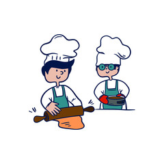 Two chefs in the kitchen preparing a cake. Cartoon cook illustration.