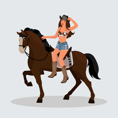Cowboy girl. Vector art of  American woman with a hat on a horse  . Wild west style. Hand drawn cartoon character.