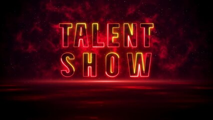 Red Yellow Shine Talent Show Text Reveal Neon Sign On Digital Space Smoky Fractal With Floor Light Flare And Glitter Dust, Background Separated Seamless Loop