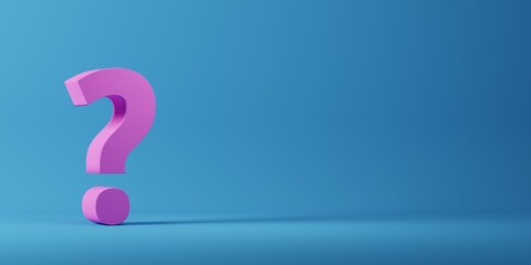 3D render of pink question mark symbol on blue background