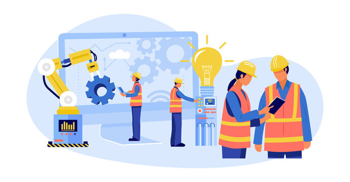 Engineers and architects working together with big computer and light bulb