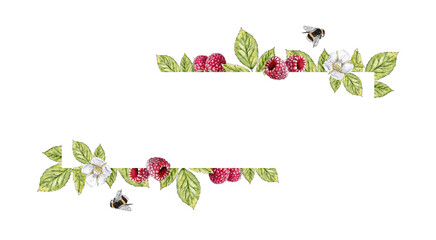 Watercolor banner with leaves, raspberry, flowers and bumblebees. Hand drawn illustration isolated on white background.