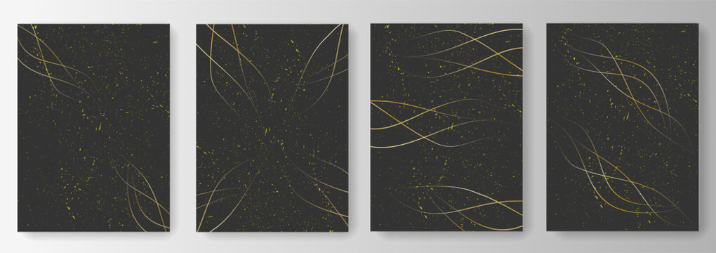 Collection of black backgrounds with golden wave lines