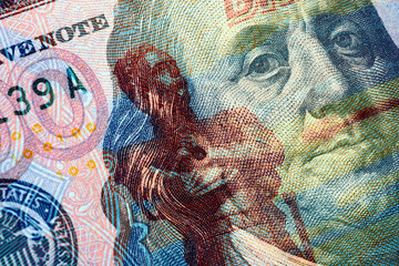Banknote of 5000 rubles and bill of 100 dollars. Fragments of Russian and American paper money close-up. Ruble and dollar. Illustration for news about economy of Russia and ruble exchange rate. Macro