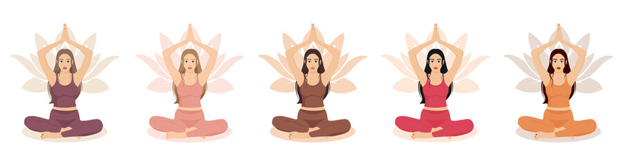 A set of girls in the lotus position, yoga, qigong, Pilates classes.