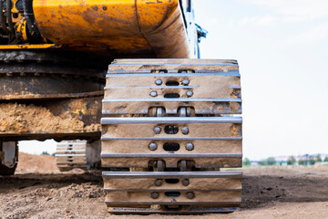 Excavator close-up. Details of a heavy mining excavator. Elements of heavy construction equipment for earthworks. © Anoo