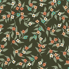 Seamless pattern of a little flowers and branch with leaves. Abstract small flower patter. Vector illustration.