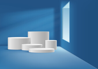 Display product white podium. Abstract studio room product pastel blue and windows scene. Stage for product, cosmetic, promotion display, presentation.