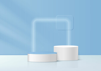 3D display product white podium. Abstract blue pastel square lighting scene. Stage for product, cosmetic, promotion display, presentation.