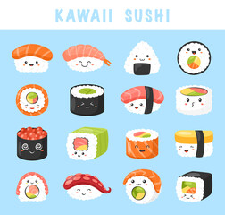 Kawaii Sushi icon. Vector set of cute sushi , rolls, nigiri, sashimi with smiling face and pink cheeks in kawaii style. Japanese asian traditional food. Happy stickers. Cartoon emoji for textile, web
