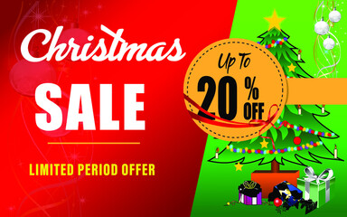 Christmas holiday sale 20 Percentage off with paper sticker on red background,
Limited time only. Vector illustration for your design
