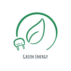 Green energy plug and leaf icon doodle illustration drawing hand drawn. Eco friendly environment logo