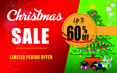 Christmas holiday sale 60 Percentage off with paper sticker on red background,
Limited time only. Vector illustration for your design