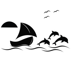 dolphin, sea, ship, seagull, sun