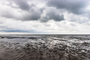 Panorama of the Wadden Sea beach at low tide in Cuxhaven