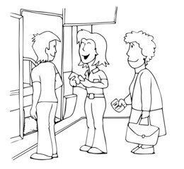 Obraz premium Bus station worker woman cutting travel tickets in line of people arriving to the bus. Black and white hand drawn cartoon style vector illustration.