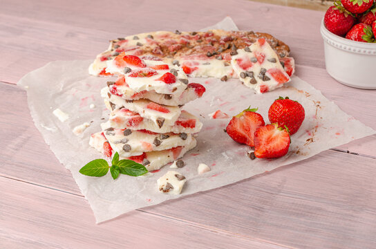 Homemade Healthy Frozen Strawberry Yogurt Bark. Top View