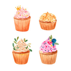 Set of hand drawn watercolor cupcakes with berries. Cupcakes isolated on white 