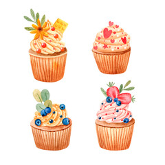 Set of hand drawn watercolor cupcakes with berries. Cupcakes isolated on white 