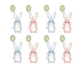 Cute rabbit with balloons. Pink and blue rabbit. Postcards for the holiday. Birthday. 1 year, 2 years, 3 years, 4 years