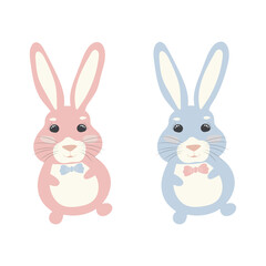 Cute rabbit with a butterfly. Pink and blue rabbit. Postcards for the holiday. Birthday.