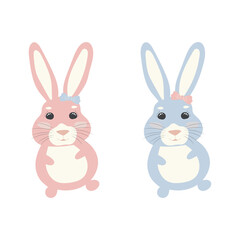 Fototapeta premium Cute rabbit with a bow. Pink and blue rabbit. Postcards for the holiday. birthday.