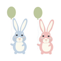 Cute rabbit with balloons. Pink and blue rabbit. Postcards for the holiday. Birthday.